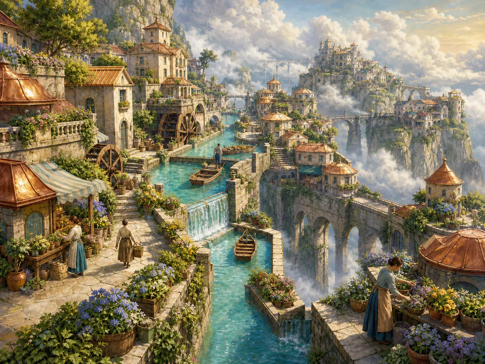 Dreaming Canal Village, an illustrated fantasy villages jigsaw puzzle scene