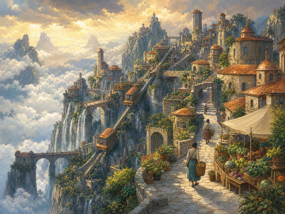 Dreaming Mountain Town, an illustrated fantasy villages jigsaw puzzle scene