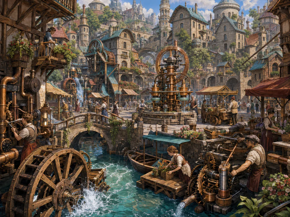 Dreaming Clockwork Square, an illustrated fantasy villages jigsaw puzzle scene