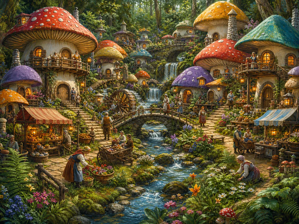Dreaming Mushroom Hamlet, an illustrated fantasy villages jigsaw puzzle scene