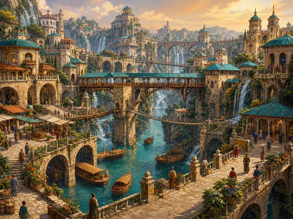 Dreaming Bridge City, an illustrated fantasy villages jigsaw puzzle scene
