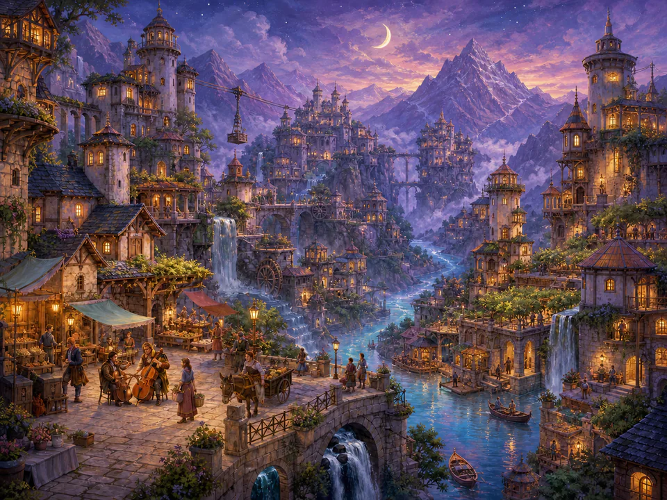 Dreaming Valley Towers, an illustrated fantasy villages jigsaw puzzle scene