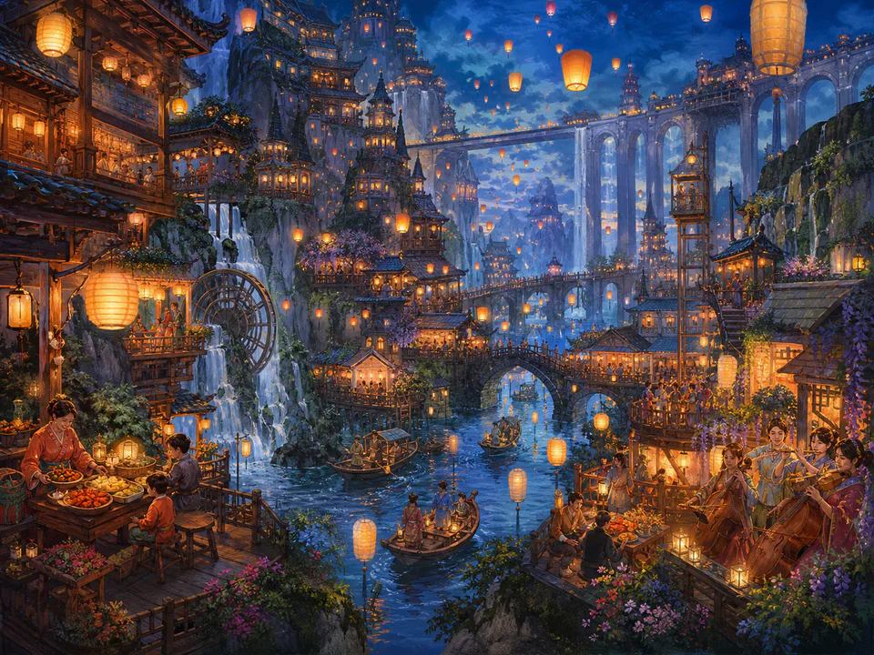 Dreaming Lantern Festival, an illustrated fantasy villages jigsaw puzzle scene