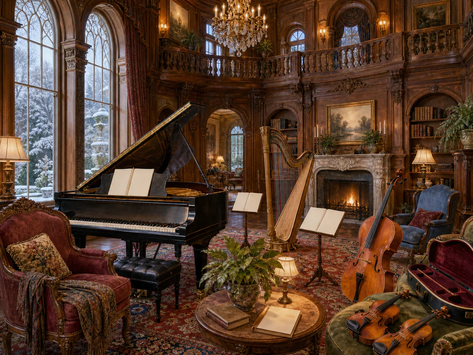Grand Music Room, an illustrated libraries & interiors jigsaw puzzle scene