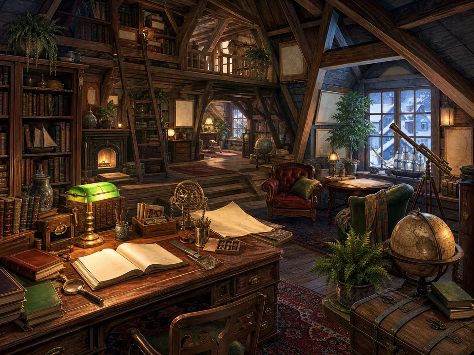 Grand Attic Study, an illustrated libraries & interiors jigsaw puzzle scene