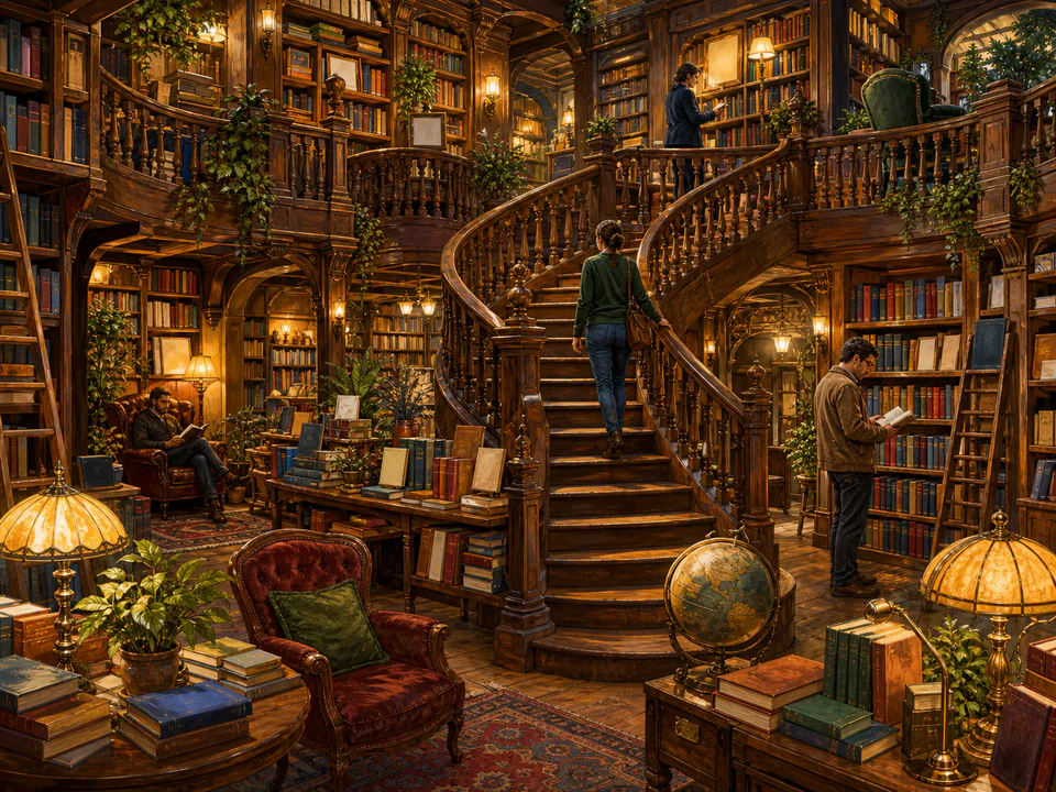 Grand Bookshop Staircase, an illustrated libraries & interiors jigsaw puzzle scene