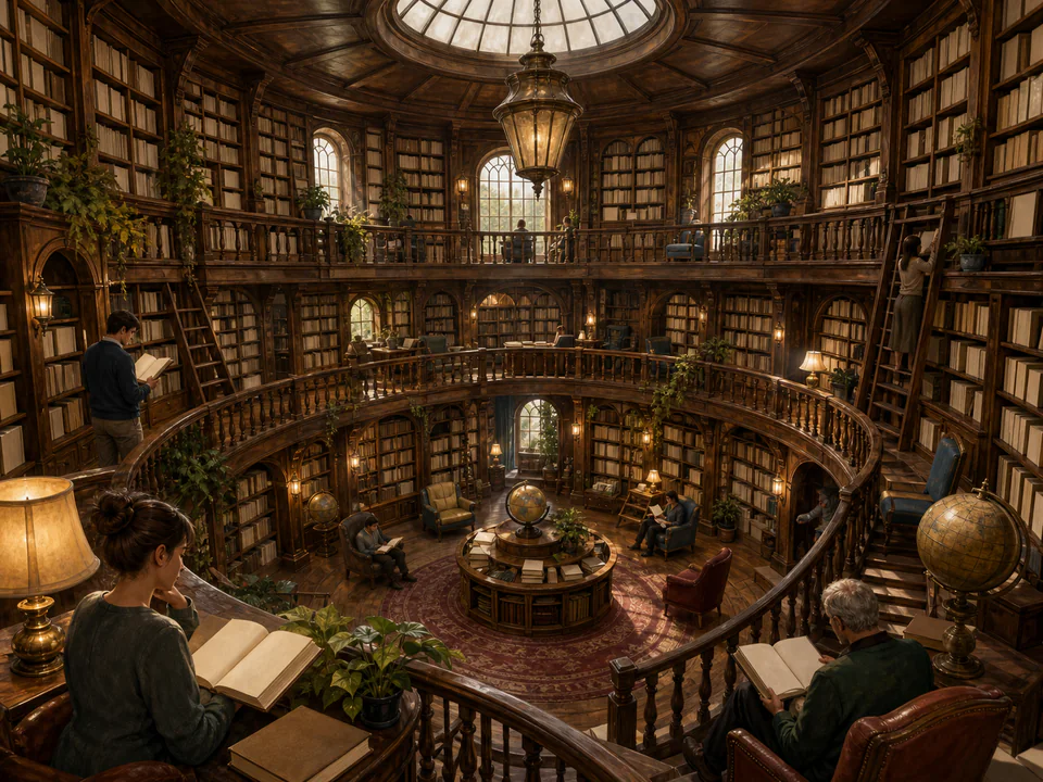 Dusty Circular Library, an illustrated libraries & interiors jigsaw puzzle scene