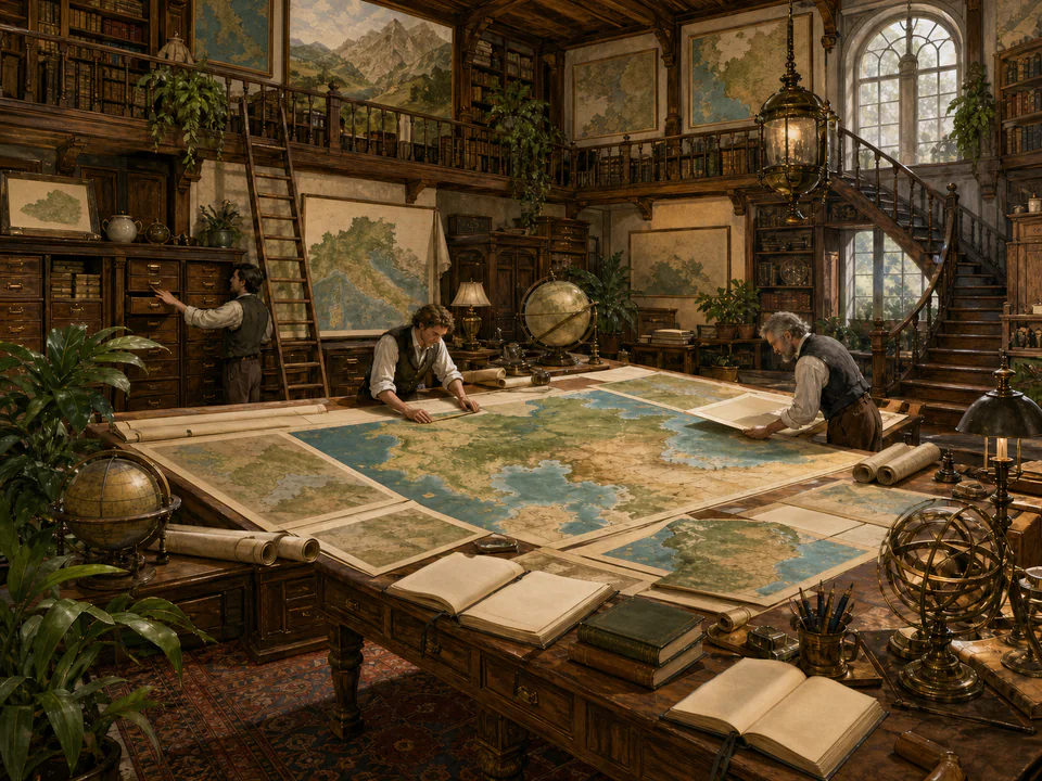 Dusty Map Room, an illustrated libraries & interiors jigsaw puzzle scene
