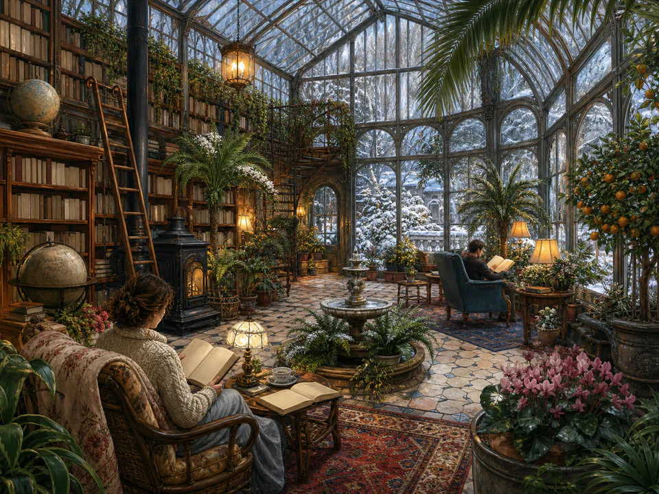 Dusty Winter Conservatory, an illustrated libraries & interiors jigsaw puzzle scene