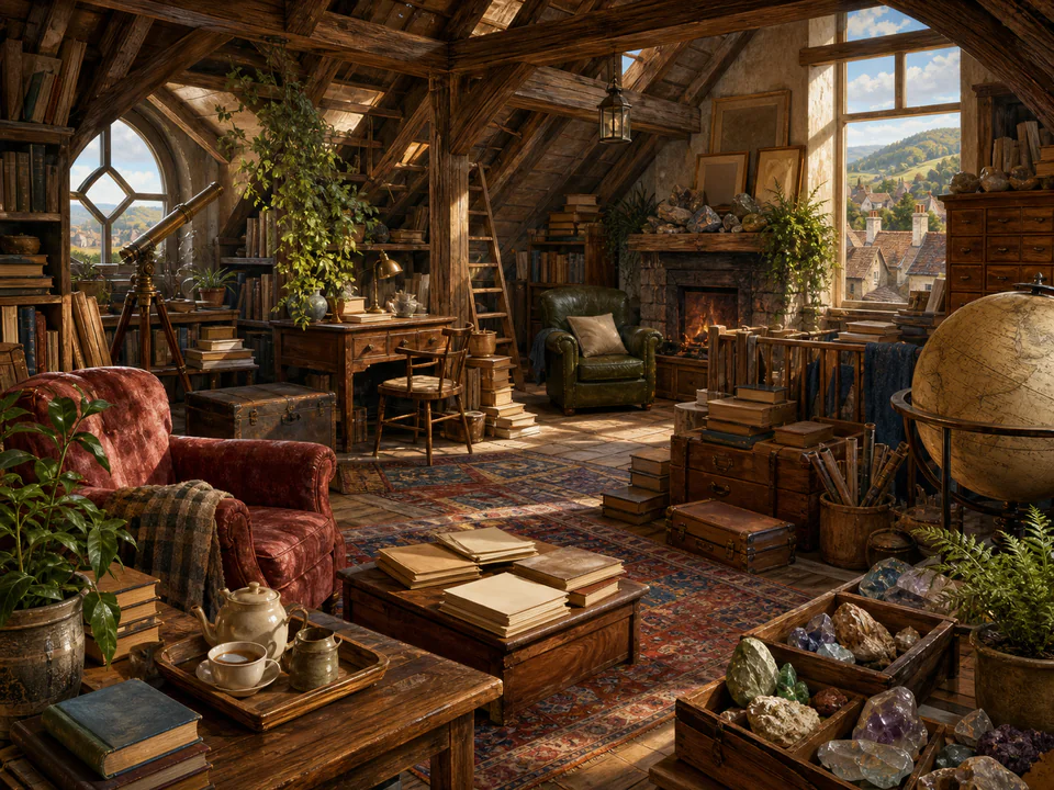 Dusty Attic Study, an illustrated libraries & interiors jigsaw puzzle scene