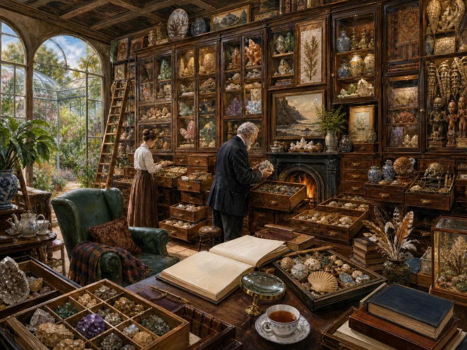 Dusty Collectors Cabinet, an illustrated libraries & interiors jigsaw puzzle scene