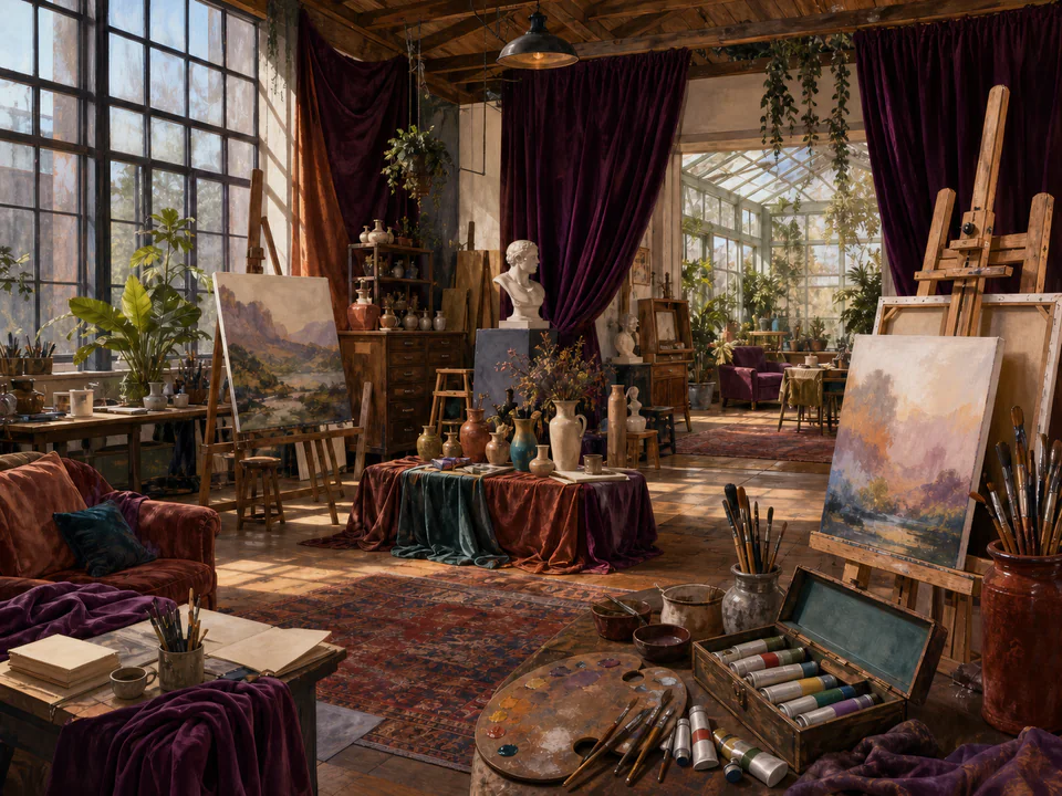 Velvet Artists Studio, an illustrated libraries & interiors jigsaw puzzle scene
