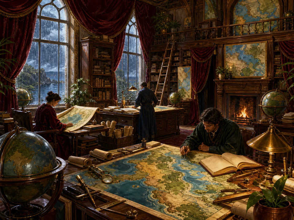 Velvet Map Room, an illustrated libraries & interiors jigsaw puzzle scene