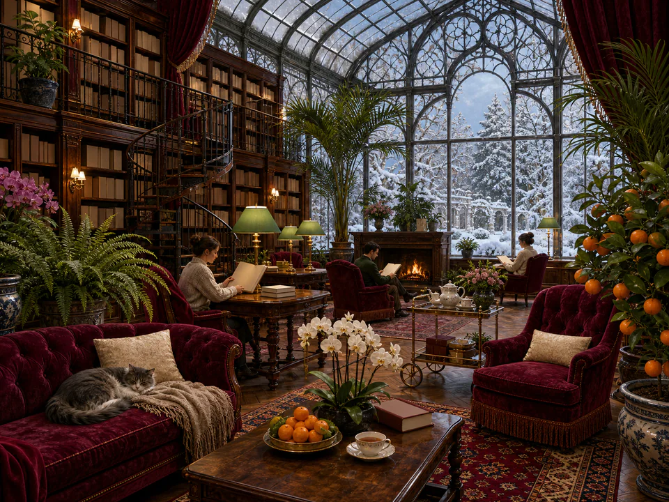 Velvet Winter Conservatory, an illustrated libraries & interiors jigsaw puzzle scene
