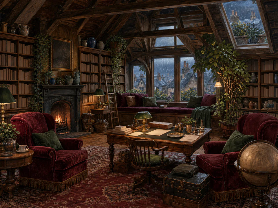 Velvet Attic Study, an illustrated libraries & interiors jigsaw puzzle scene