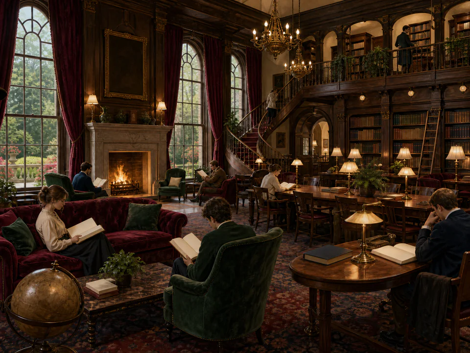 Velvet Reading Hall, an illustrated libraries & interiors jigsaw puzzle scene