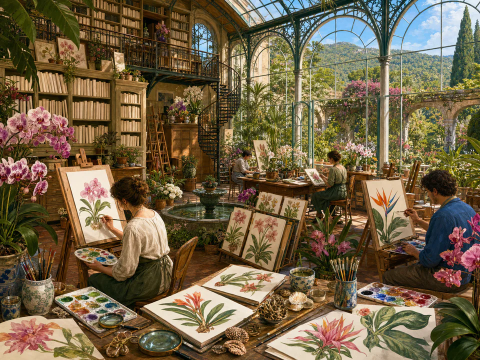 Botanical Artists Studio, an illustrated libraries & interiors jigsaw puzzle scene