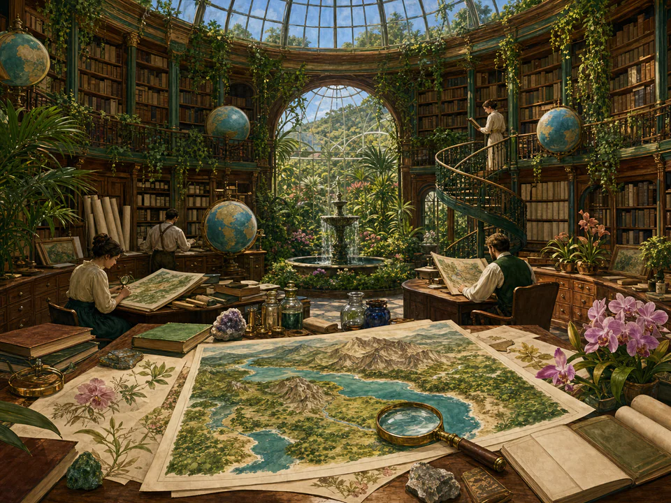Botanical Map Room, an illustrated libraries & interiors jigsaw puzzle scene