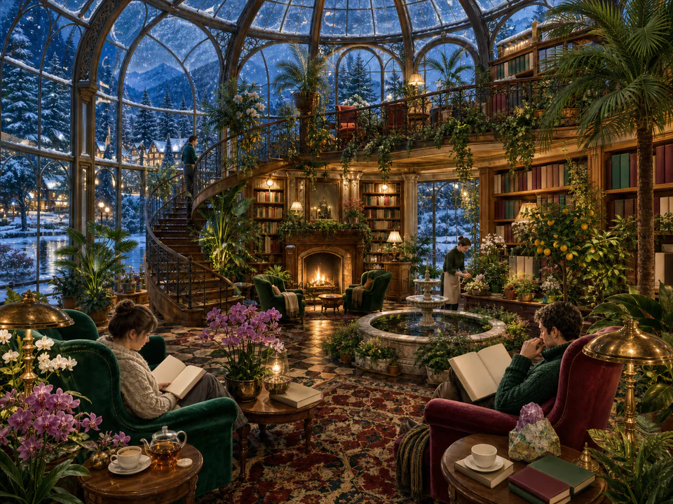 Botanical Winter Conservatory, an illustrated libraries & interiors jigsaw puzzle scene