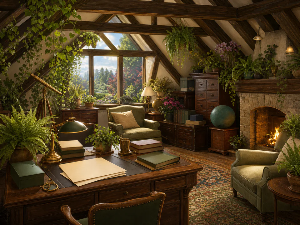 Botanical Attic Study, an illustrated libraries & interiors jigsaw puzzle scene