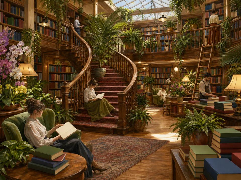 Botanical Bookshop Staircase, an illustrated libraries & interiors jigsaw puzzle scene