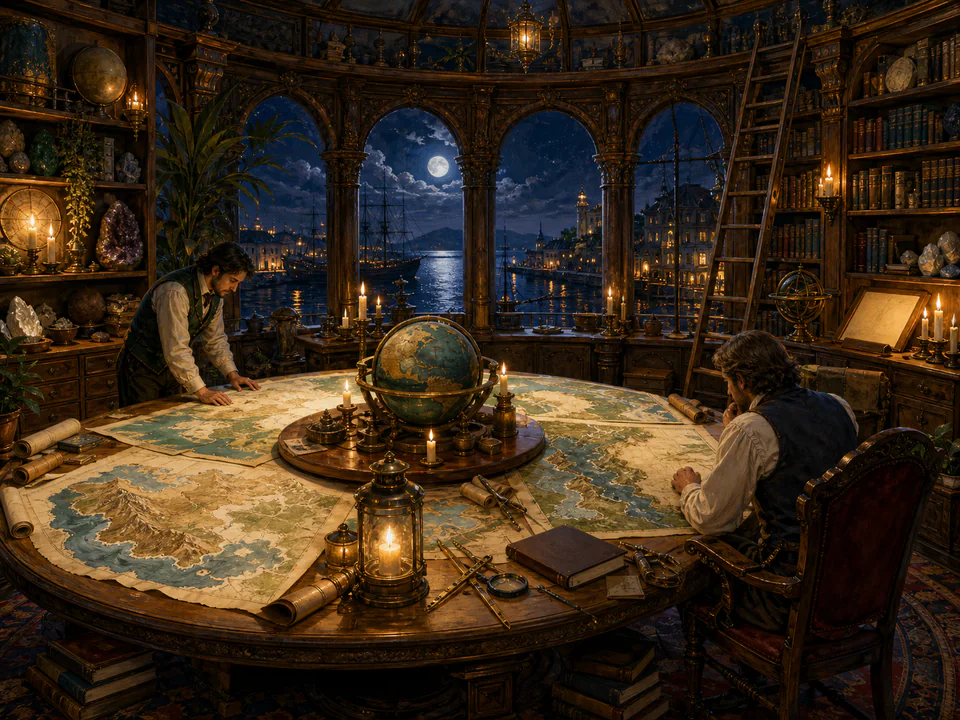 Candlelit Map Room, an illustrated libraries & interiors jigsaw puzzle scene