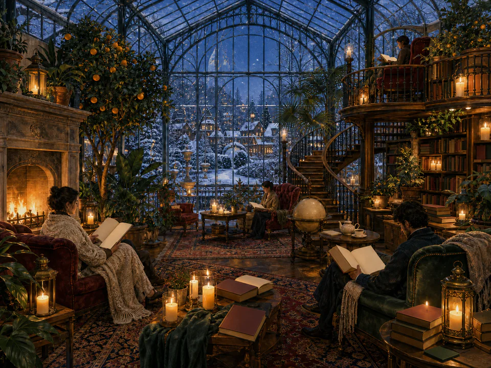 Candlelit Winter Conservatory, an illustrated libraries & interiors jigsaw puzzle scene