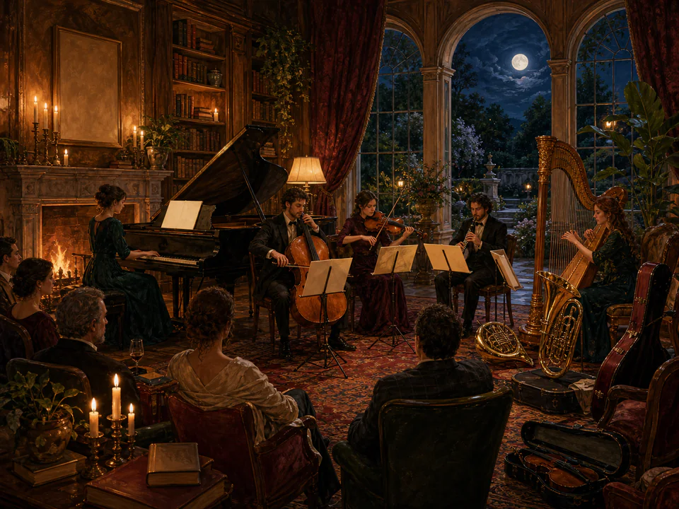 Candlelit Music Room, an illustrated libraries & interiors jigsaw puzzle scene