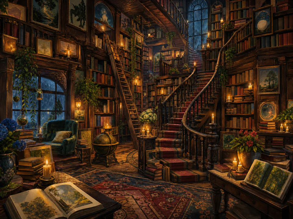 Candlelit Bookshop Staircase, an illustrated libraries & interiors jigsaw puzzle scene