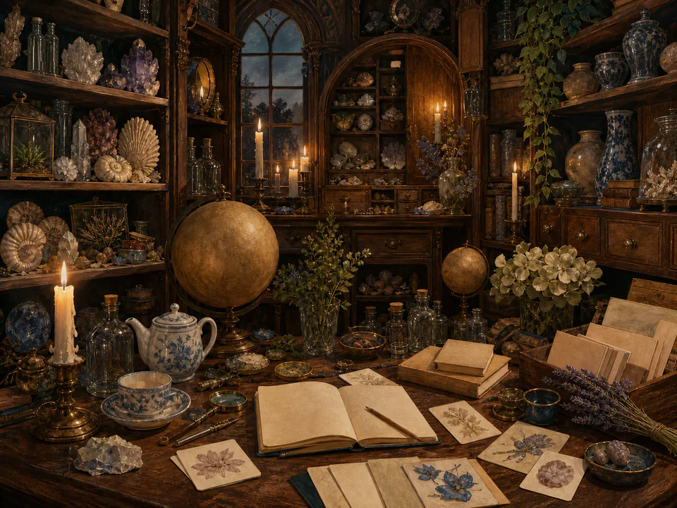 Candlelit Collectors Cabinet, an illustrated libraries & interiors jigsaw puzzle scene