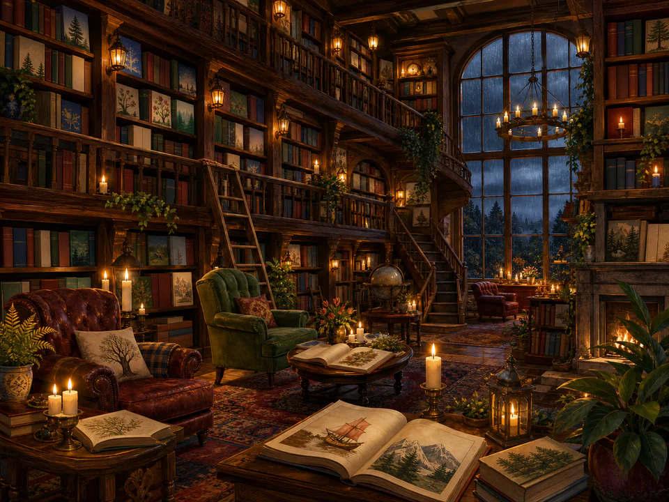 Candlelit Reading Hall, an illustrated libraries & interiors jigsaw puzzle scene