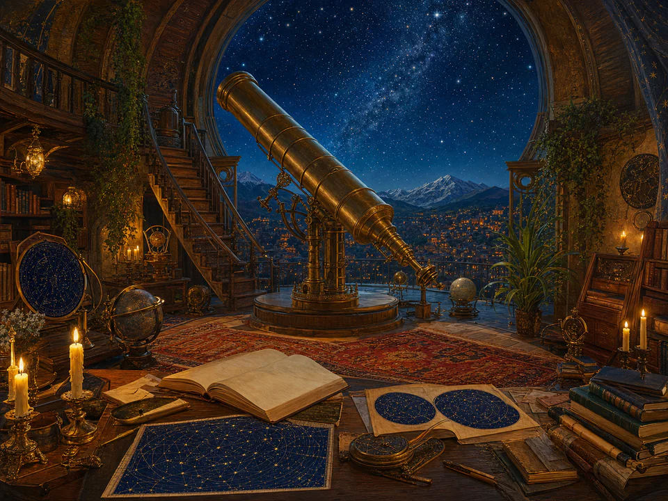 Candlelit Observatory, an illustrated libraries & interiors jigsaw puzzle scene