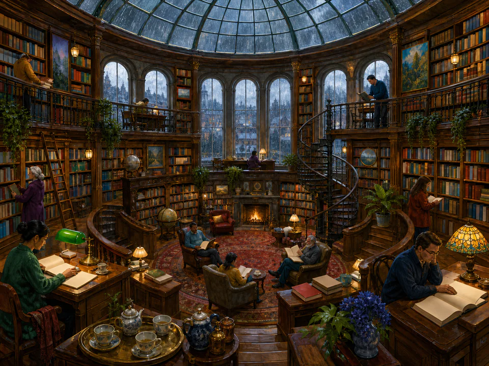 Rainy Circular Library, an illustrated libraries & interiors jigsaw puzzle scene