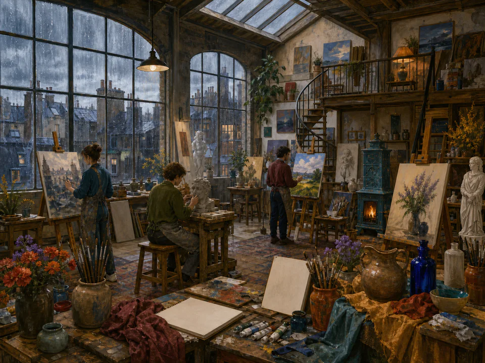 Rainy Artists Studio, an illustrated libraries & interiors jigsaw puzzle scene