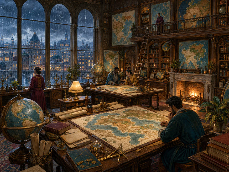 Rainy Map Room, an illustrated libraries & interiors jigsaw puzzle scene