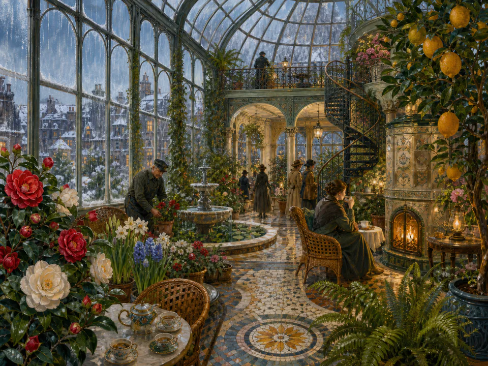 Rainy Winter Conservatory, an illustrated libraries & interiors jigsaw puzzle scene