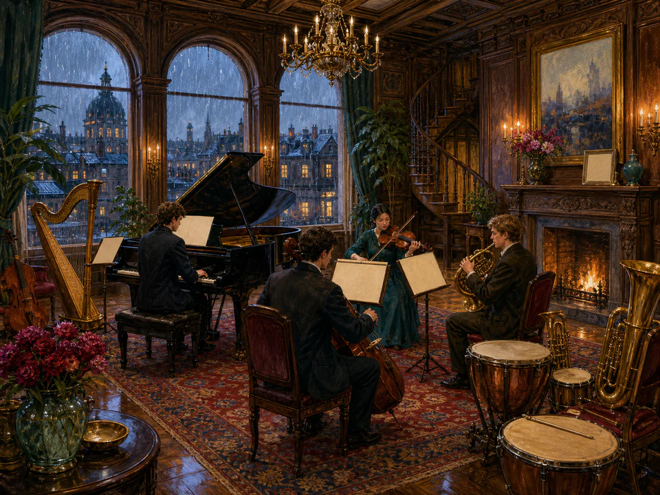 Rainy Music Room, an illustrated libraries & interiors jigsaw puzzle scene