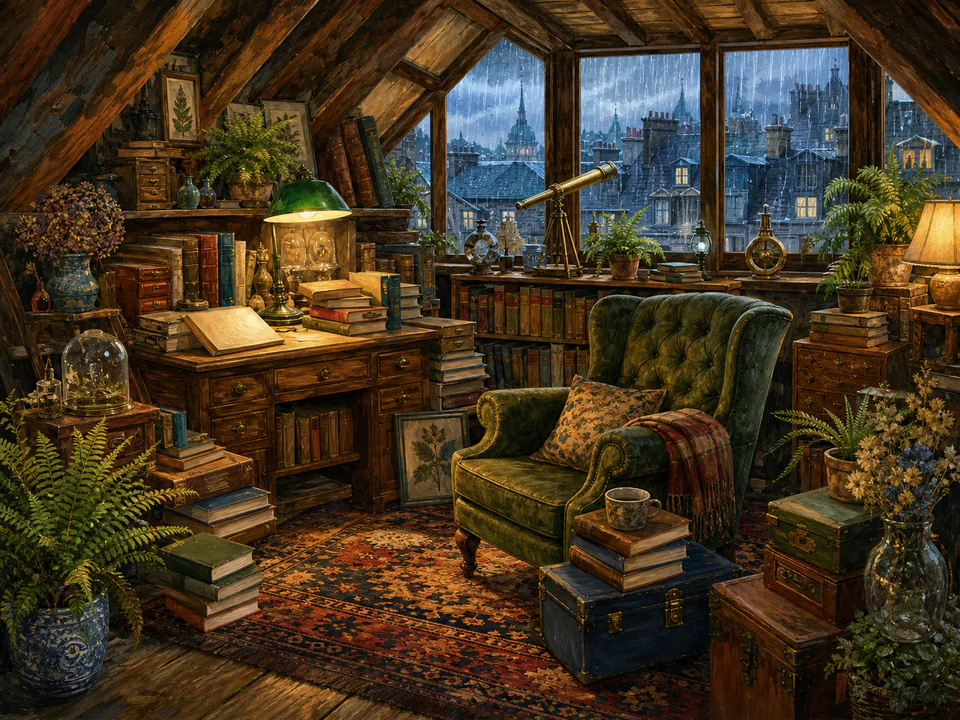 Rainy Attic Study, an illustrated libraries & interiors jigsaw puzzle scene