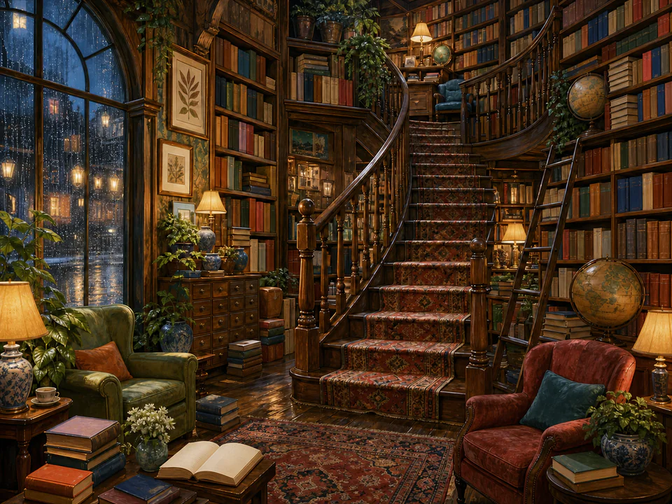 Rainy Bookshop Staircase, an illustrated libraries & interiors jigsaw puzzle scene