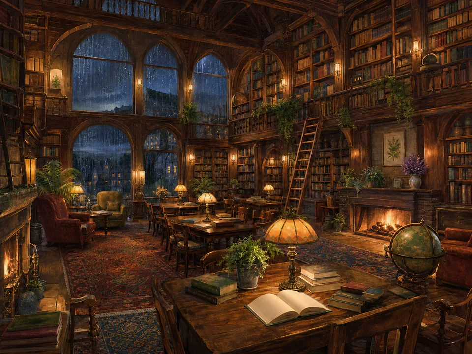Rainy Reading Hall, an illustrated libraries & interiors jigsaw puzzle scene