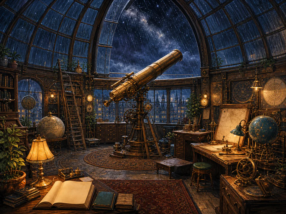 Rainy Observatory, an illustrated libraries & interiors jigsaw puzzle scene