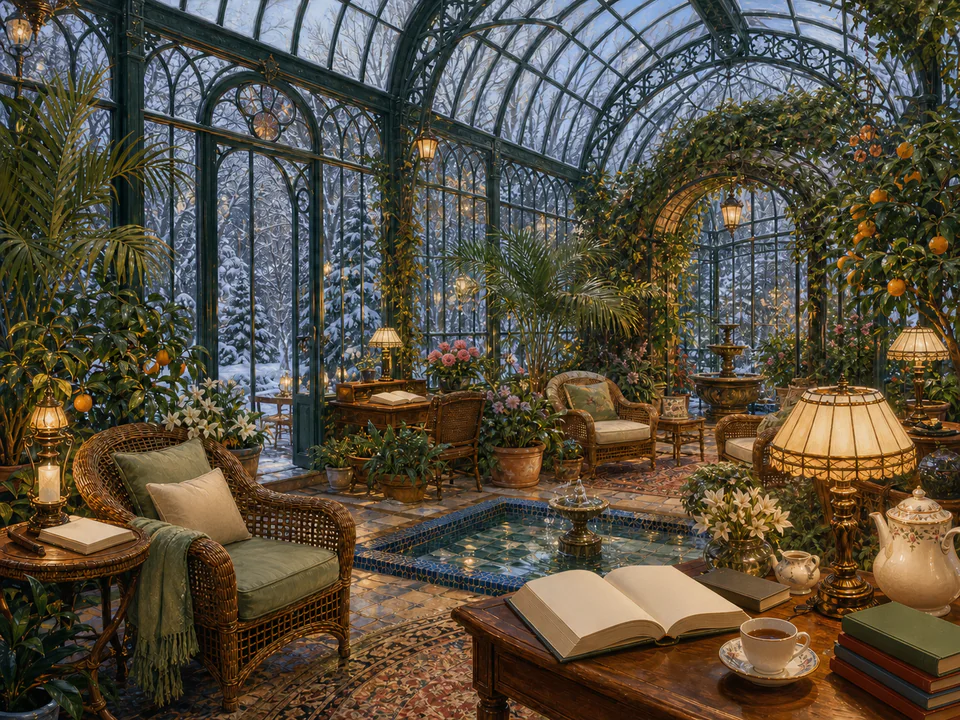 Scholars Winter Conservatory, an illustrated libraries & interiors jigsaw puzzle scene