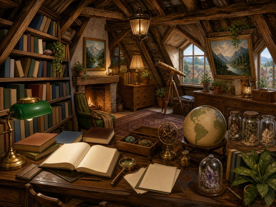 Scholars Attic Study, an illustrated libraries & interiors jigsaw puzzle scene