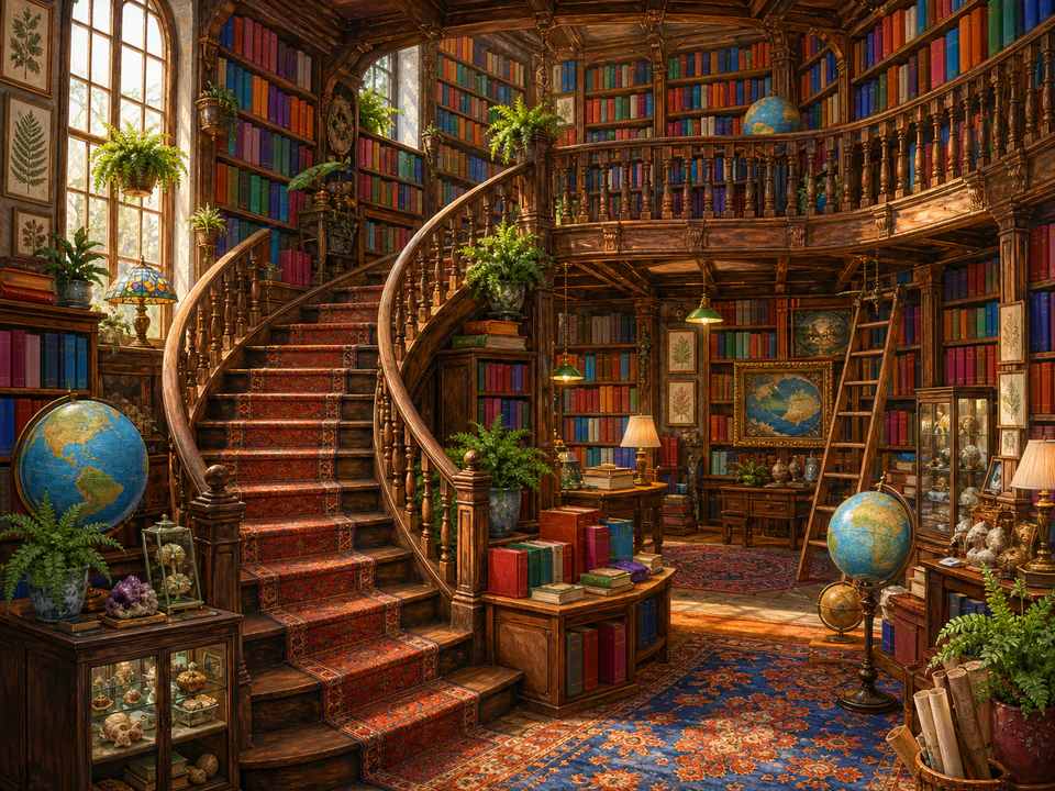 Scholars Bookshop Staircase, an illustrated libraries & interiors jigsaw puzzle scene