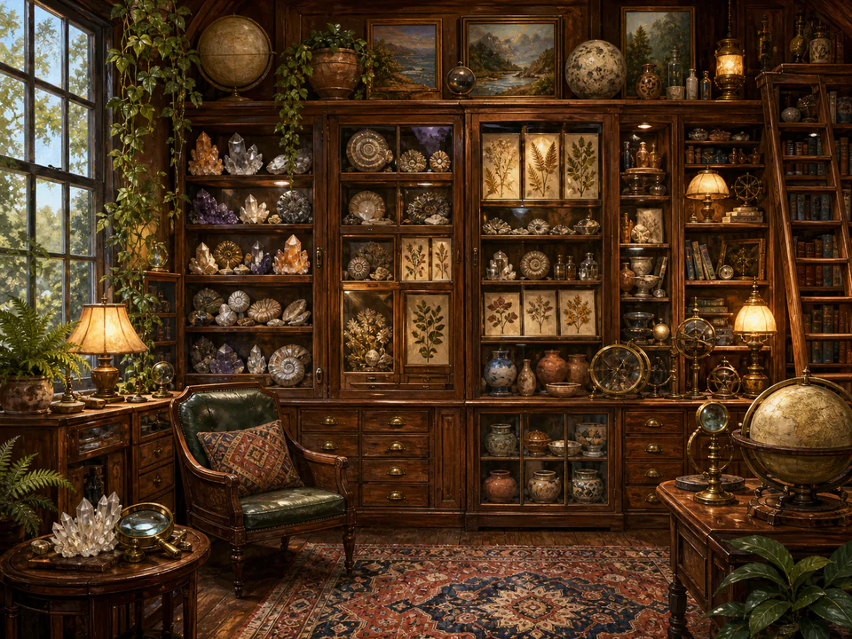 Scholars Collectors Cabinet, an illustrated libraries & interiors jigsaw puzzle scene
