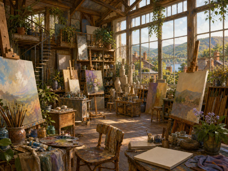 Secret Artists Studio, an illustrated libraries & interiors jigsaw puzzle scene