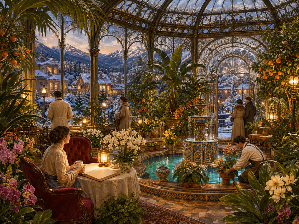 Secret Winter Conservatory, an illustrated libraries & interiors jigsaw puzzle scene