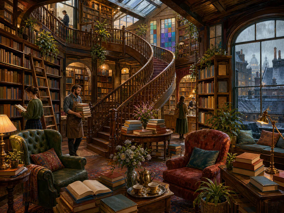Secret Bookshop Staircase, an illustrated libraries & interiors jigsaw puzzle scene
