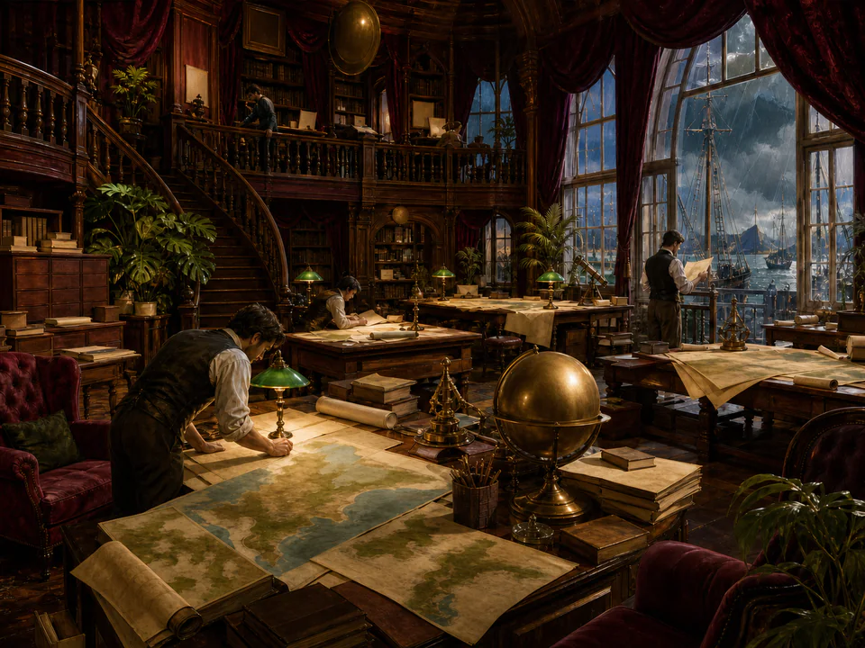 Sunroom Map Room, an illustrated libraries & interiors jigsaw puzzle scene