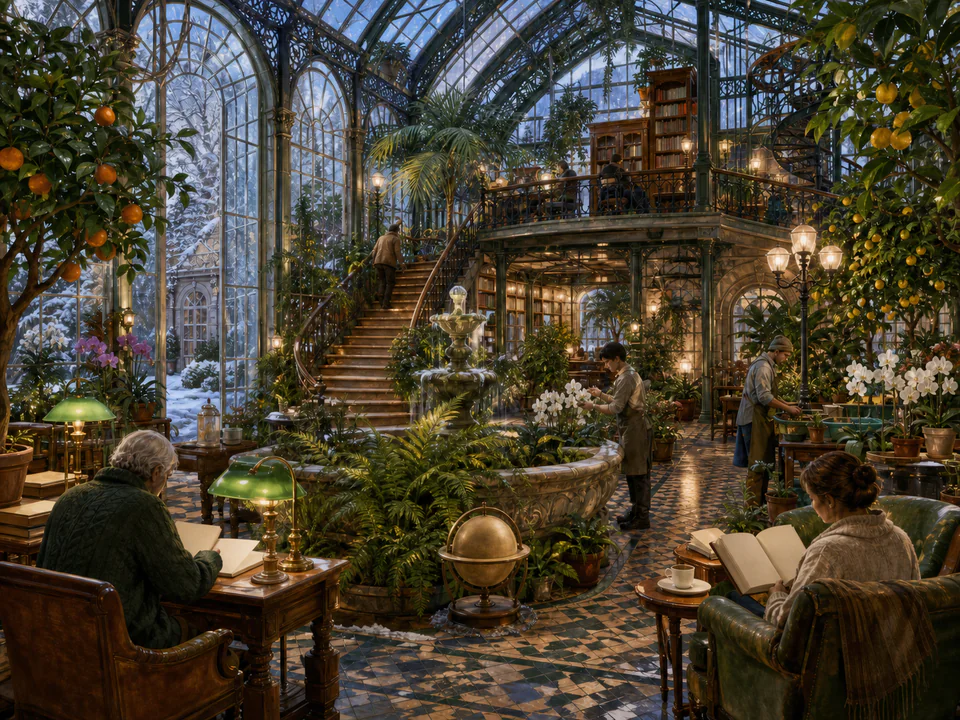 Sunroom Winter Conservatory, an illustrated libraries & interiors jigsaw puzzle scene